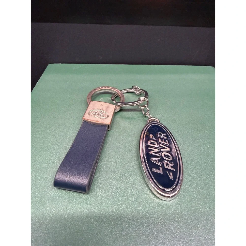 Land Rover Navy Blue Leather Loop and Oval Enamel Logo Keychain Silver Hardware